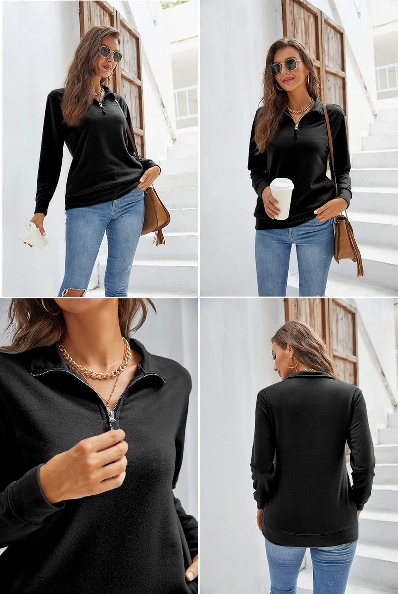 Samefar Women Winter Sweatshirt Tunics High Neck Long Sleeve Solid Basic 1/4 Zip Fleece Pullover Tops Black X-Large - Image 4